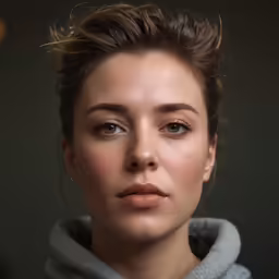 a woman in grey hoodie looking at camera