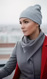 a woman in grey coat and red jacket standing next to a railing