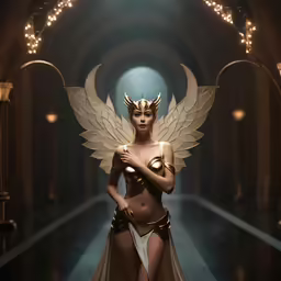 a woman dressed in a golden angel outfit and boots
