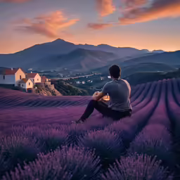 a man in the lavender field watching a sunset