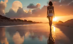 woman walking on beach at sunset with moon in background