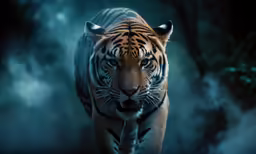 a tiger walking across a forest in the night
