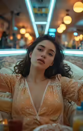 a woman sitting on top of a chair next to a table