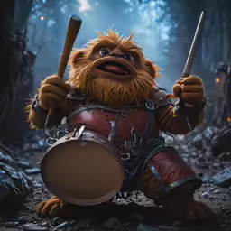 a troll in a forest holding a stick and sword