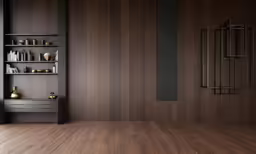the large room has wood walls and shelving