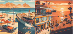 the side view of an orange and yellow beach with a large boat parked on the shore and people eating at the beach,several photos of people at the beach and at the ocean with cars on the shore