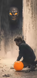 a man squatting next to an orange ball