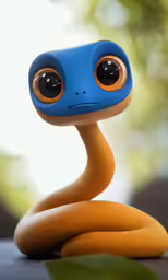 a little blue doll with orange eyes sitting on a piece of wood