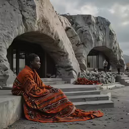 a woman is sitting on steps in front of an arch