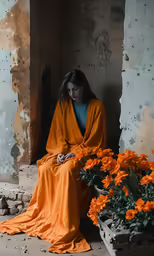 woman sitting on a ledge surrounded by flowers in front of a broken building