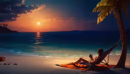 a man is sitting in a hammock on the beach watching the sunset,the man is sitting in a hammock on the beach
