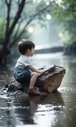 there is a young boy sitting on a rock in the water