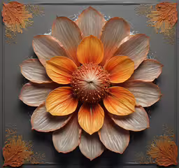 an orange and white flower is shown in the center of a square frame,an orange flower with a brown center surrounded by smaller flowers