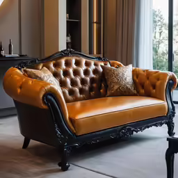 a tan and black chair in a room