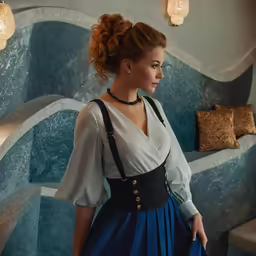 a woman in blue and white dress with pearls standing near a blue sculpture