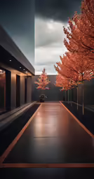 an open walkway with trees in the background