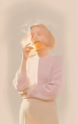 a young woman drinking a beverage with a steamy effect