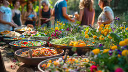 a long table filled with different types of vegetables and food,many bowls are on a table full of food