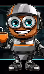 an orange and white robot is holding a cup of coffee