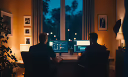 two men in business suits are working on computers at desk