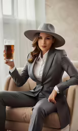 a beautiful woman in a gray suit and hat holding a beer