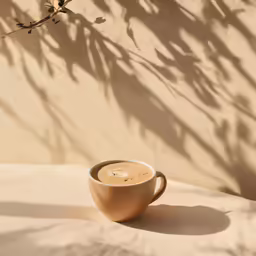 a coffee cup with a spoon is sitting near a plant