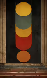 a large painting on top of a wooden shelf