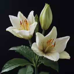 three white lilies on a black background