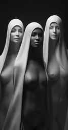 three female mannequins with long veils