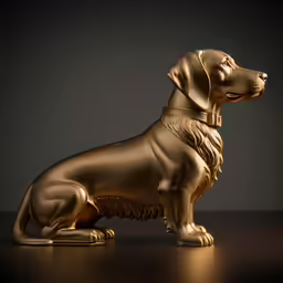 a gold dog on a dark surface next to a black wall