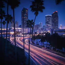 a city street with palm trees and the skyline