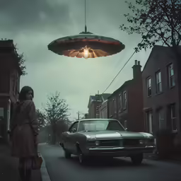a woman in a coat standing on a road looking at an old car