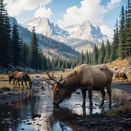 a herd of horses drinking water from a stream in the woods