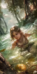 an artwork style painting of a child floating in water,a little girl in some water playing with her dog