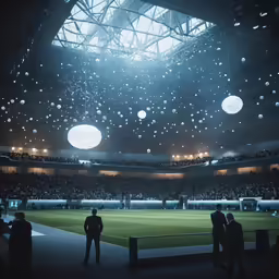 men watch tennis on a large court in the middle of a crowded stadium