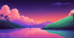 the purple and pink colors have mountains in the background,a painting of a man standing on a river