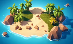 there are a small island surrounded by palm trees
