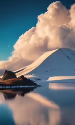 a snowy mountain and water below the clouds