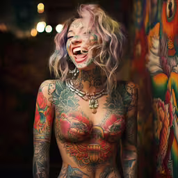 a tattooed woman stands in front of colorful wall,a girl with a colorful body is smiling