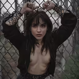 a shirtless young woman with black chain link fencing