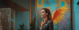 the woman in a suit and orange scarf is standing outside