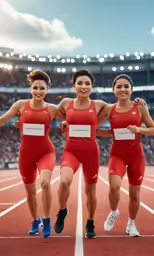 three athletes in red suits running on a track