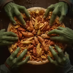 the hands are holding up some food together