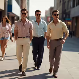 three men walking down the street together