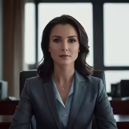 a beautiful young woman in a gray suit is sitting at a desk