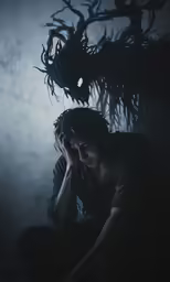 a woman is sitting on the floor with her head down