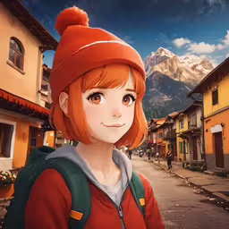 a girl is standing on a street next to the mountain,anime girl with red hair and brown eyes posing in the road