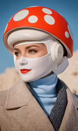 a woman wearing a mushroom style helmet with earphones