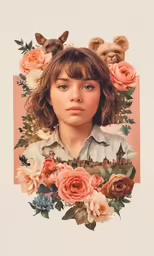 the young woman is surrounded by pink flowers and small teddy bears
