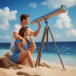 a man and woman look into a telescope at the beach